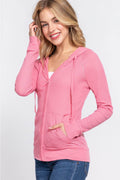 ACTIVE BASIC Waffle Knit Drawstring Zip Up Long Sleeve Hoodie - Hovatok
