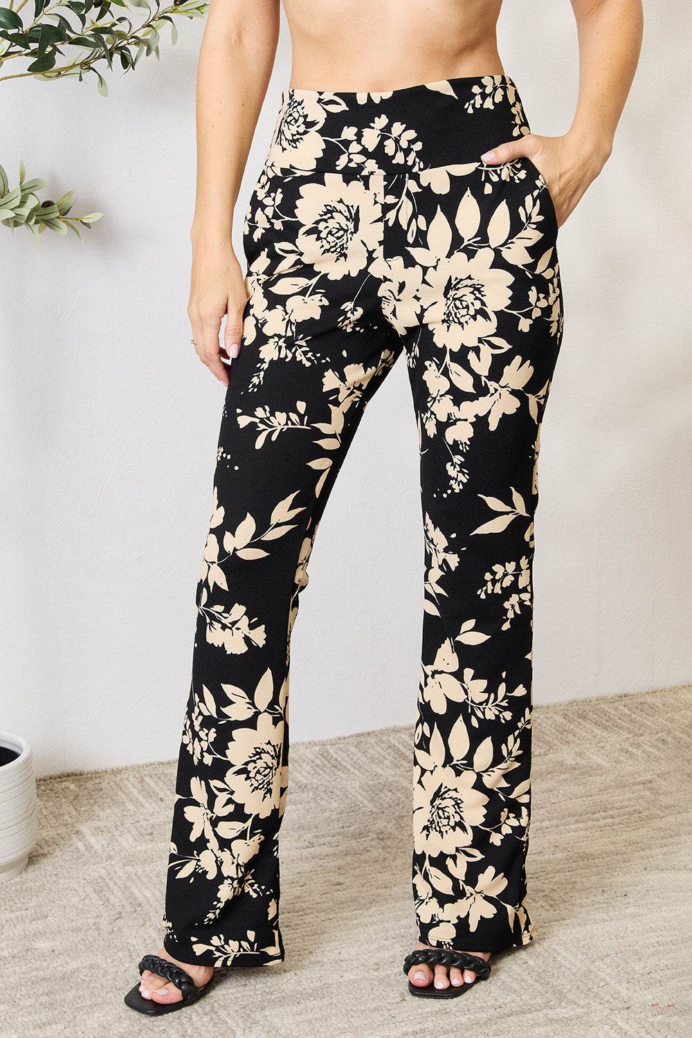 Heimish Full Size High Waist Floral Flare Pants - Hovatok