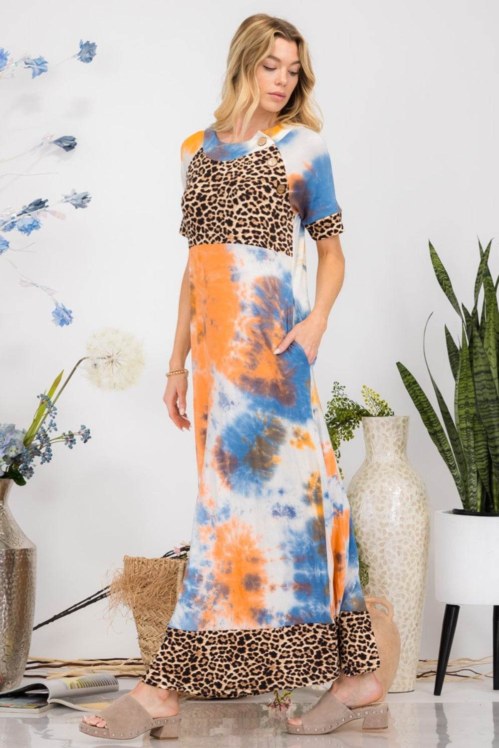 Celeste Full Size Leopard Tie-Dye Button Detail Short Sleeve Maxi Dress Plus Size - Hovatok