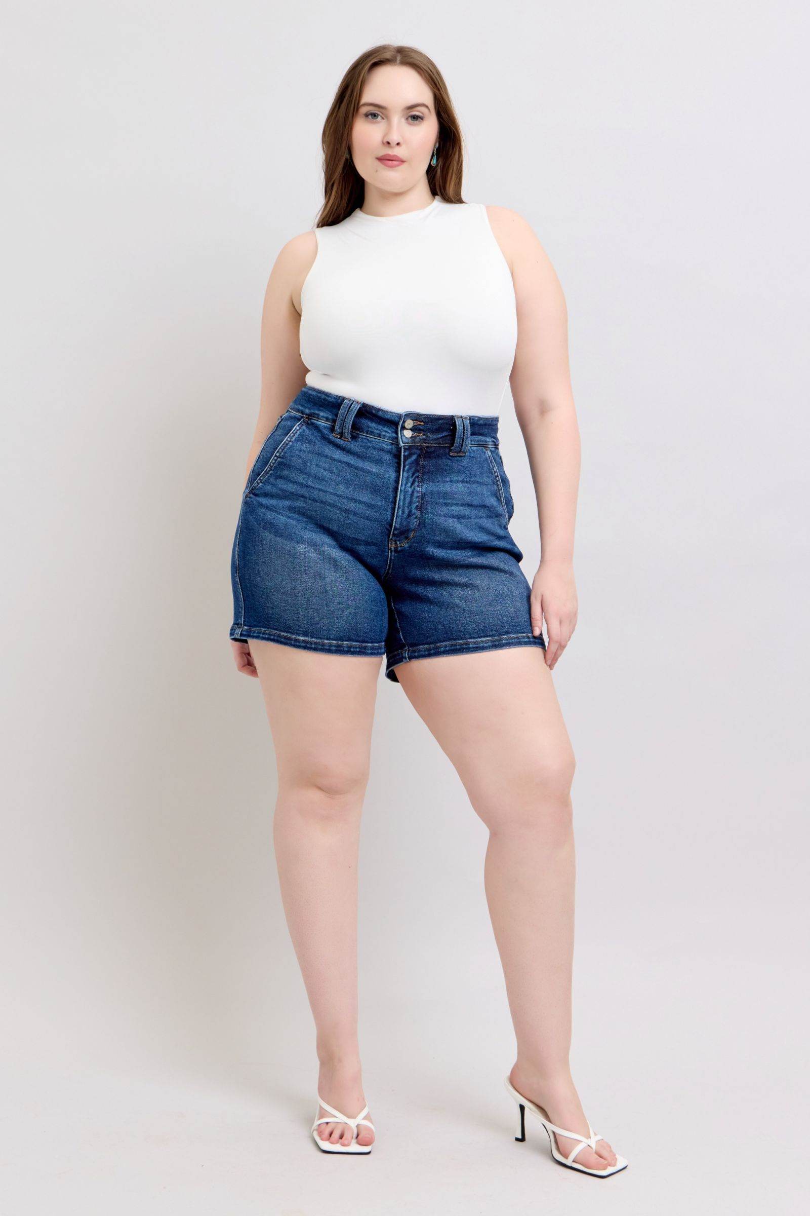 Judy Blue Full Size Double Button Waistband Denim Shorts Plus Size - Hovatok