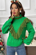 Cable-Knit Ruffled Mock Neck Lantern Sleeve Sweater - Hovatok