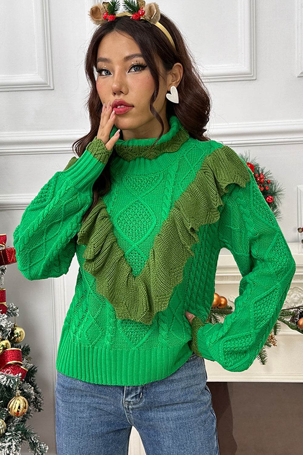 Cable-Knit Ruffled Mock Neck Lantern Sleeve Sweater - Hovatok