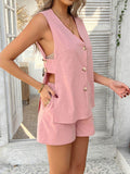 Devine Button Down V-Neck Tank and Shorts Set - Hovatok