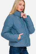 Zenana Zip Up Turtleneck Puffer Jacket with Pockets - Hovatok
