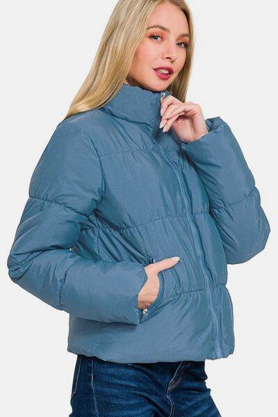 Zenana Zip Up Turtleneck Puffer Jacket with Pockets - Hovatok