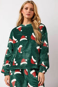 Christmas Hat Pattern Round Neck Long Sleeve Top and Pants Set - Hovatok
