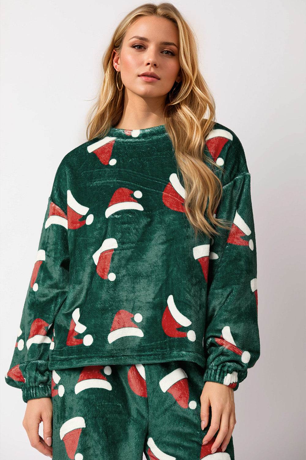 Christmas Hat Pattern Round Neck Long Sleeve Top and Pants Set - Hovatok