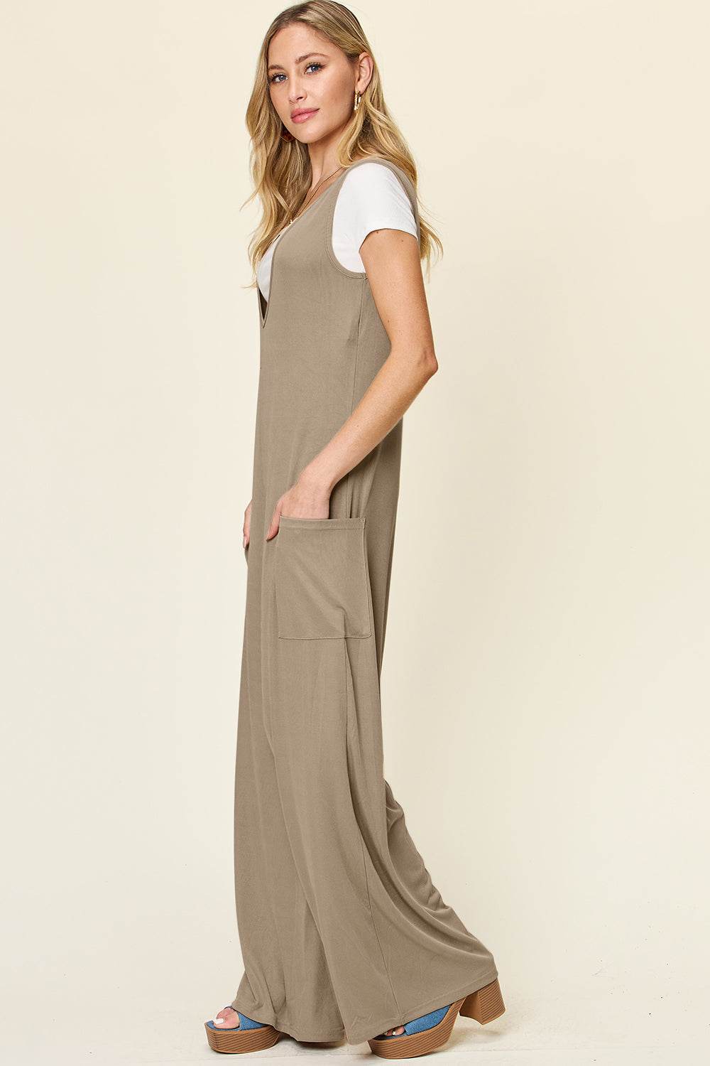 Double Take Full Size Sleeveless Wide Leg Jumpsuit with Pockets - Hovatok