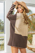 BiBi Striped Contrast Long Sleeve Slit Top - Hovatok