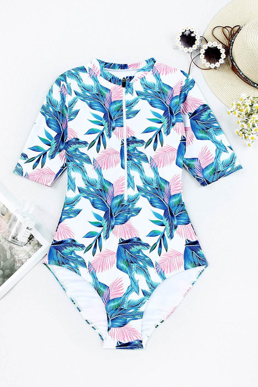 Printed Notched Half Sleeve One-Piece Swimwear - Hovatok