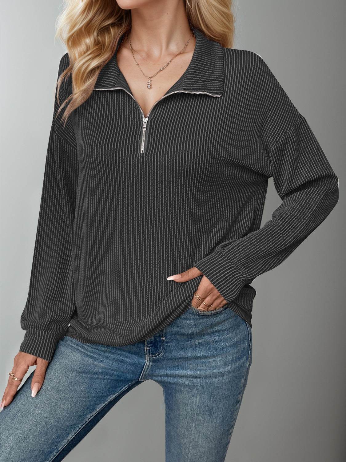 Double Take Striped Half Zip Long Sleeve T-Shirt - Hovatok