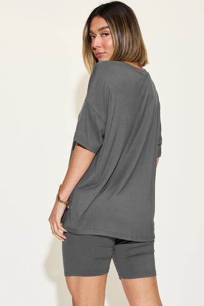 Basic Bae Full Size V-Neck Drop Shoulder T-Shirt and Shorts Set - Hovatok