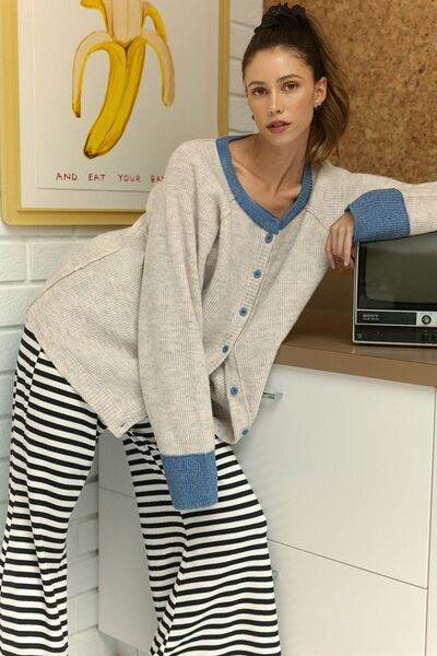 Annie Wear Contrast Trim Button Down Raglan Sleeve Cardigan - Hovatok