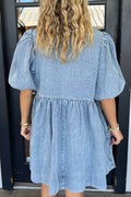 Bowknot Round Neck Half Sleeve Denim Dress - Hovatok