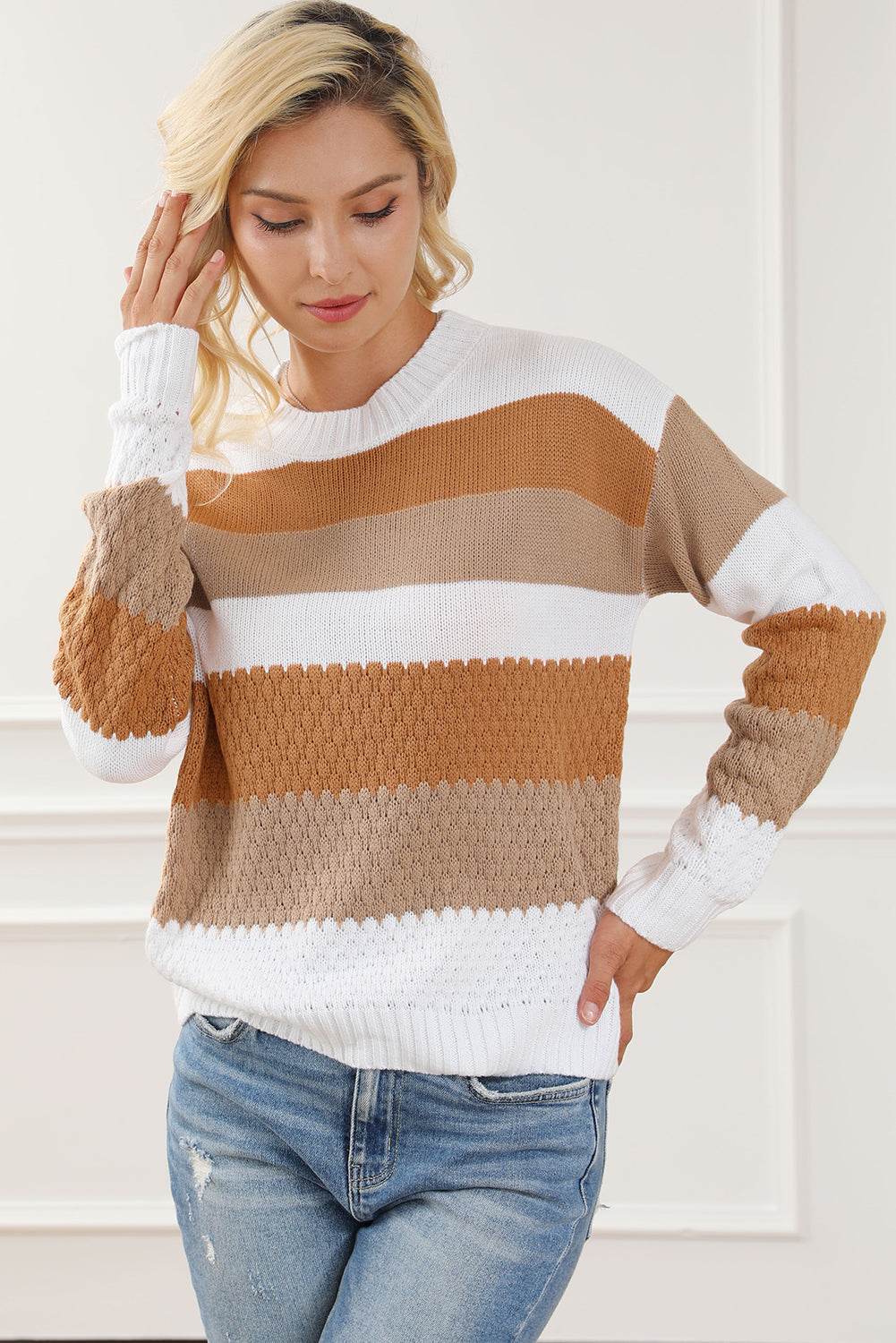 Striped Round Neck Long Sleeve Knit Top - Hovatok