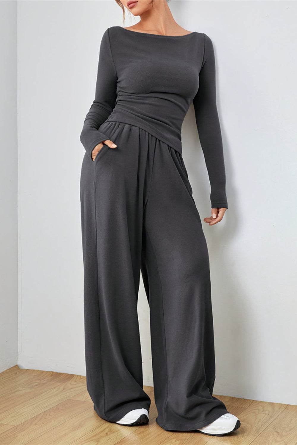 Boat Neck Long Sleeve Top and Pants Set - Hovatok