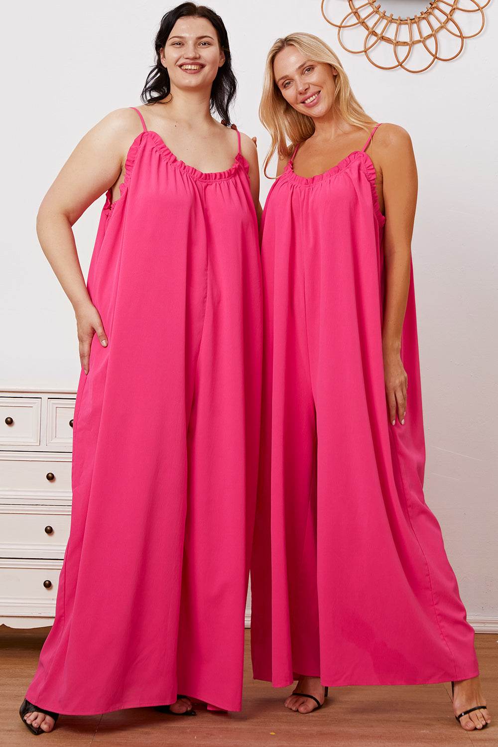 Double Take Full Size Ruffle Trim Tie Back Cami Jumpsuit with Pockets - Hovatok