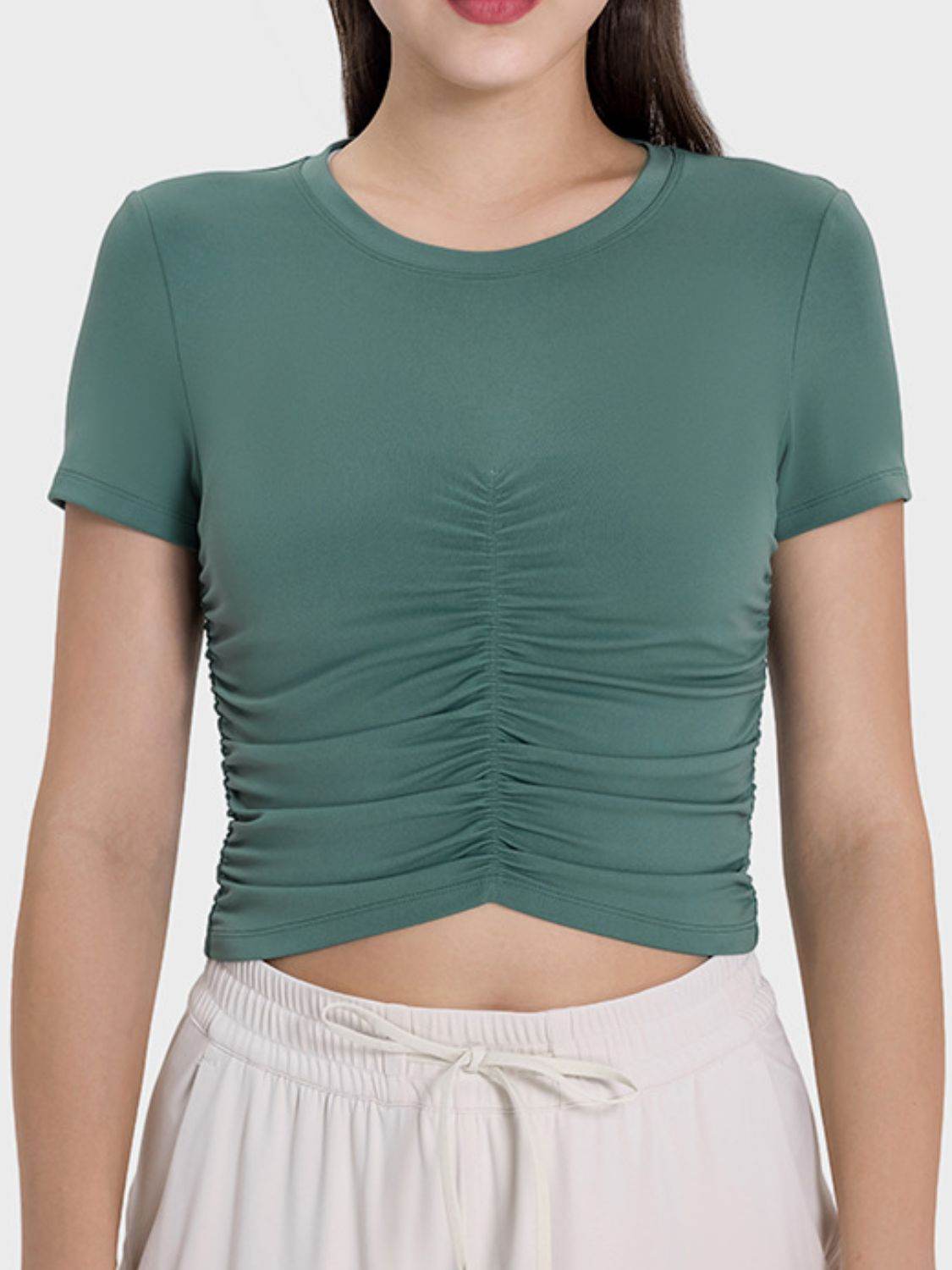Millennia Ruched Round Neck Short Sleeve Active T-Shirt - Hovatok