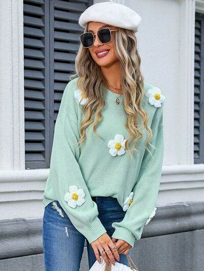 Angel Wings Flower Round Neck Long Sleeve Sweater - Hovatok