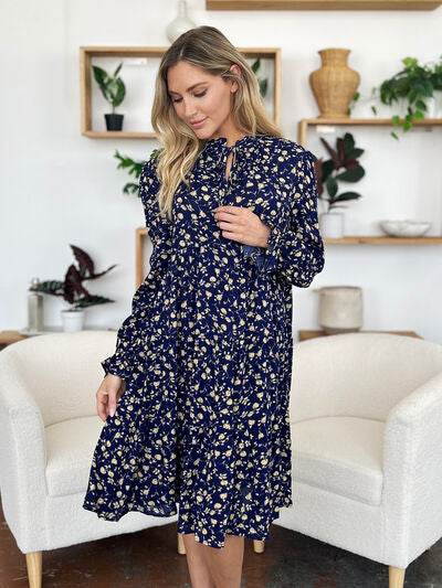 Double Take Full Size Printed Ruffle Hem Long Sleeve Tiered Dress - Hovatok