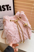 Chain Drawstring Raw Edge Denim Bucket Bag - Hovatok