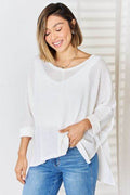 Zenana Full Size Waffle Knit V-Neck Long Sleeve Slit Top - Hovatok