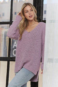 ADORA High-Low Side Slit V-Neck Sweater - Hovatok