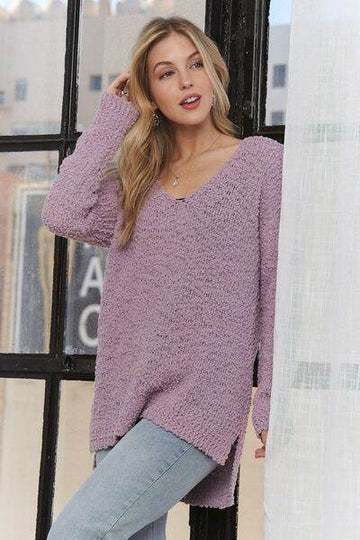 ADORA High-Low Side Slit V-Neck Sweater - Hovatok