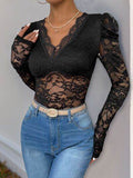 Perfee Lace V-Neck Long Sleeve Bodysuit - Hovatok