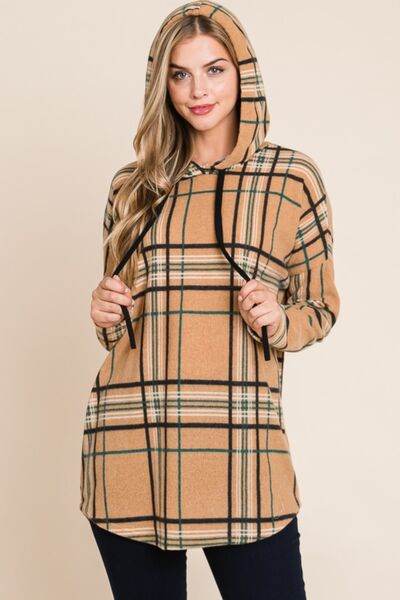 BOMBOM Drawstring Plaid Long Sleeve Hoodie - Hovatok