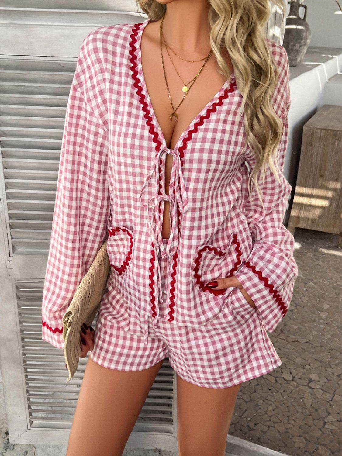 Devine Tie Front Contrast Plaid Shirt and Shorts Set - Hovatok