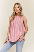 ADORA Contrast Striped Frill Round Neck Sleeveless Top - Hovatok