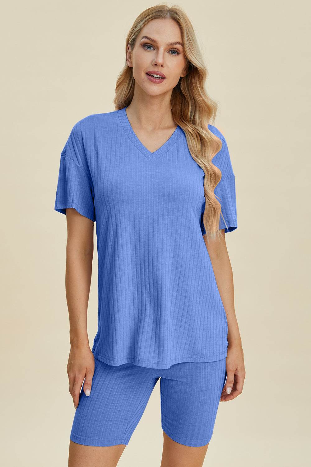 Basic Bae Full Size Ribbed V-Neck Short Sleeve Top and Shorts Set - Hovatok