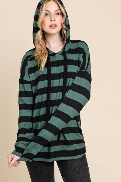 BOMBOM Drawstring Striped Dropped Shoulder Hoodie - Hovatok