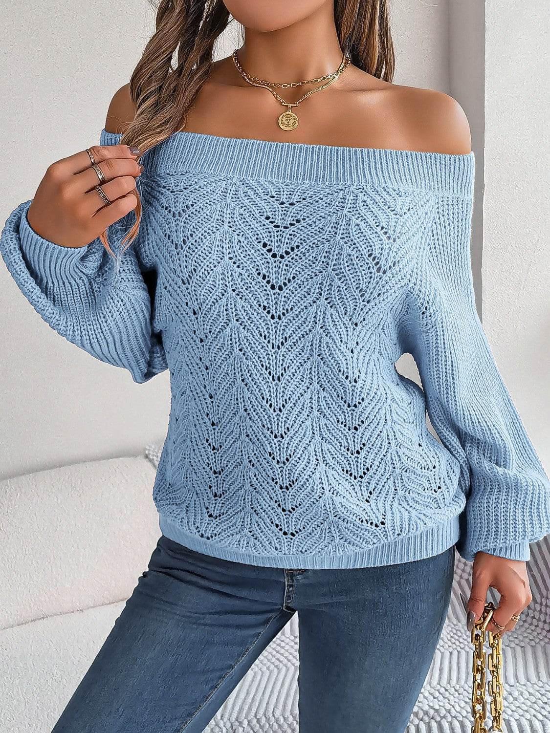 Openwork Off-Shoulder Long Sleeve Sweater - Hovatok