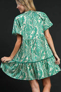 Umgee Full Size Printed Notched Puff Sleeve Mini Dress Plus Size - Hovatok