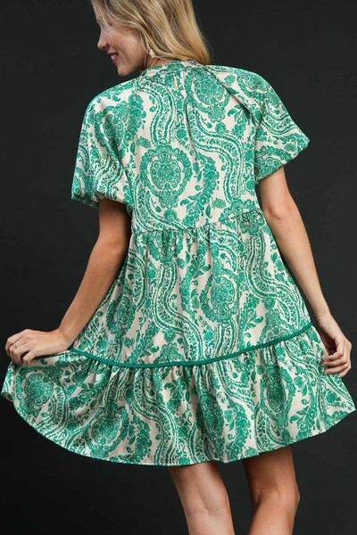 Umgee Full Size Printed Notched Puff Sleeve Mini Dress Plus Size - Hovatok