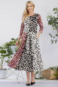 Celeste Full Size Leopard Color Block Front Tie Midi Dress Plus Size - Hovatok