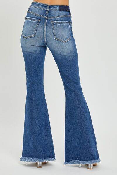 RISEN Full Size High Rise Front Slit Frayed Hem Flare Jeans - Hovatok