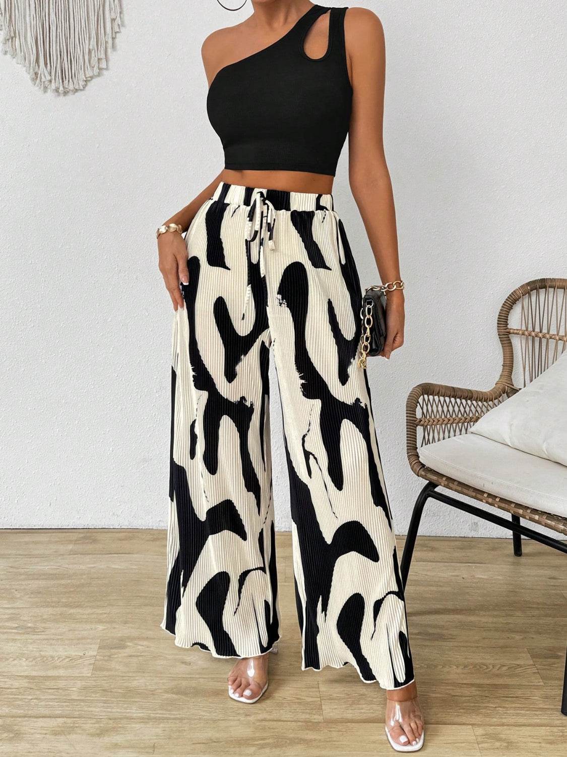Cutout One Shoulder Top and Printed Pants Set - Hovatok