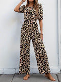 Perfee Tied Leopard Half Sleeve Jumpsuit - Hovatok