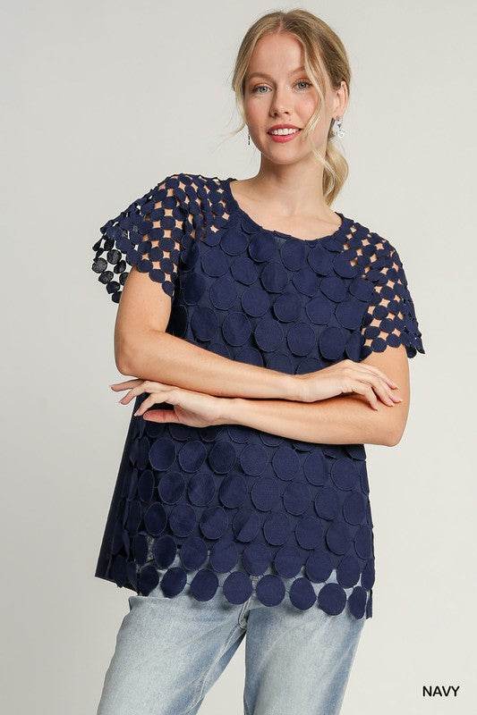 Umgee Full Size Mixed Polka Dot Lace Raglan Sleeve Boxy Cut Top Plus Size - Hovatok