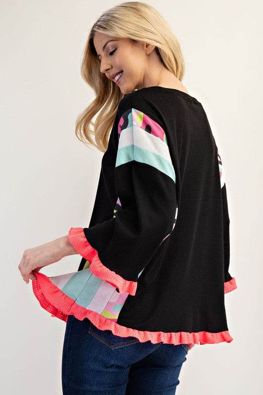Celeste Full Size Ruffle Sleeve Color Block Top Plus Size - Hovatok