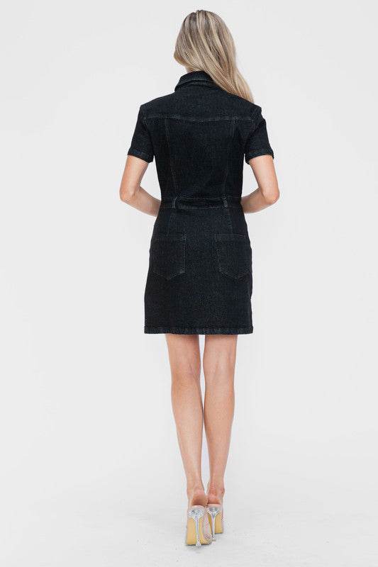bytos Full Size Embellished Button Down Short Sleeve Denim Dress - Hovatok