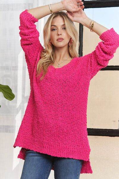 ADORA High-Low Side Slit V-Neck Sweater - Hovatok
