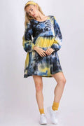 Umgee Full Size Tie Dye Round Neck Long Sleeve Babydoll Tiered Dress Plus Size - Hovatok