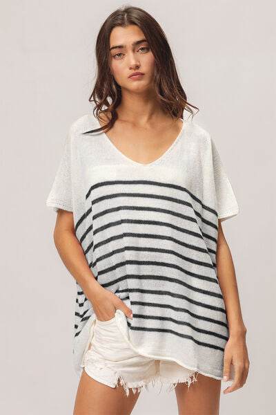 BiBi V Neck Striped Short Sleeve Top - Hovatok