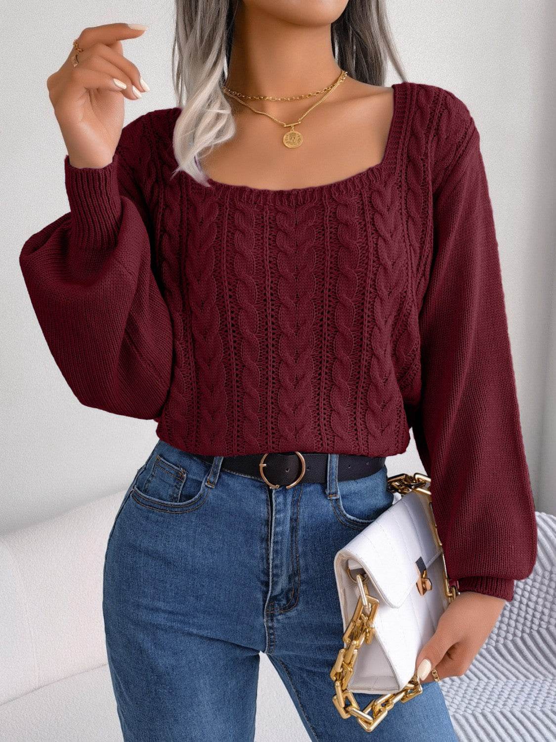 Cable-Knit Square Neck Long Sleeve Sweater - Hovatok