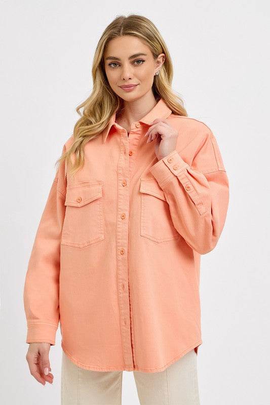 RISEN Full Size Button Down Long Sleeve Denim Shacket with Chest Pockets Plus Size - Hovatok
