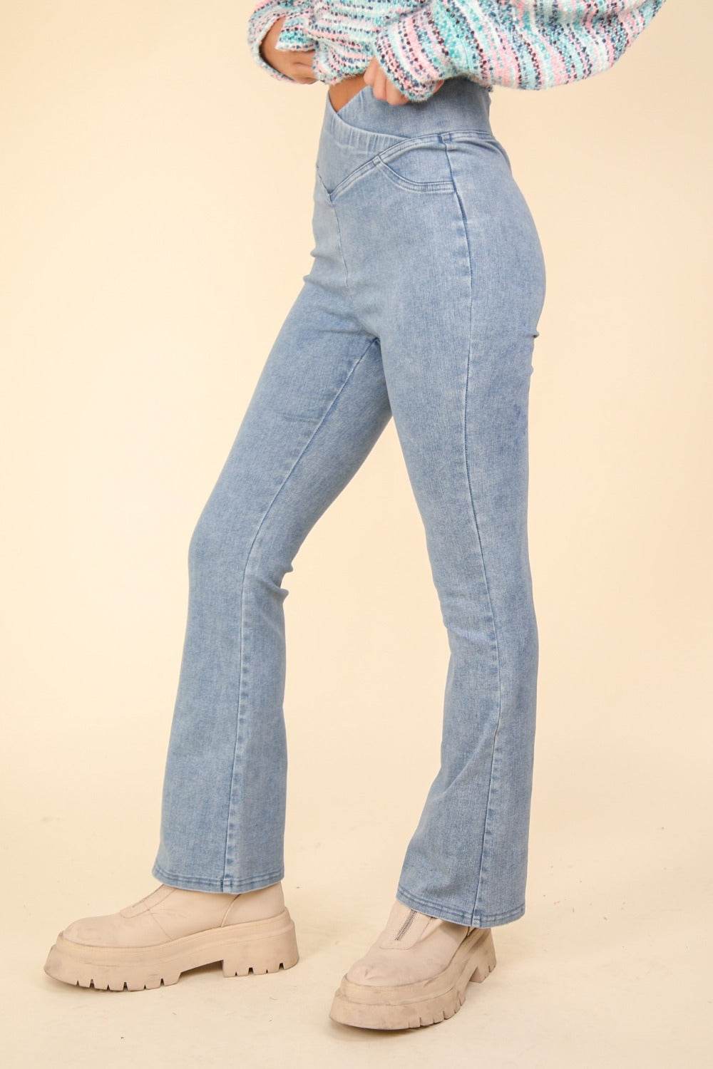 VERY J Washed Denim Stretchy Crossover Waist Leggings - Hovatok